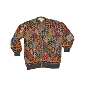 Peruvian Connection alpaca wool deep v button cardigan sweater large geo artsy